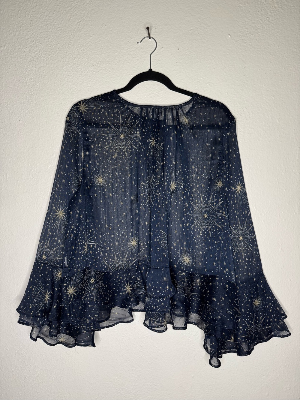 LOFT Celestial Shimmer Ruffle Peplum Blouse Navy Blue Sheer Star Print Sz XL - Picture 3 of 10